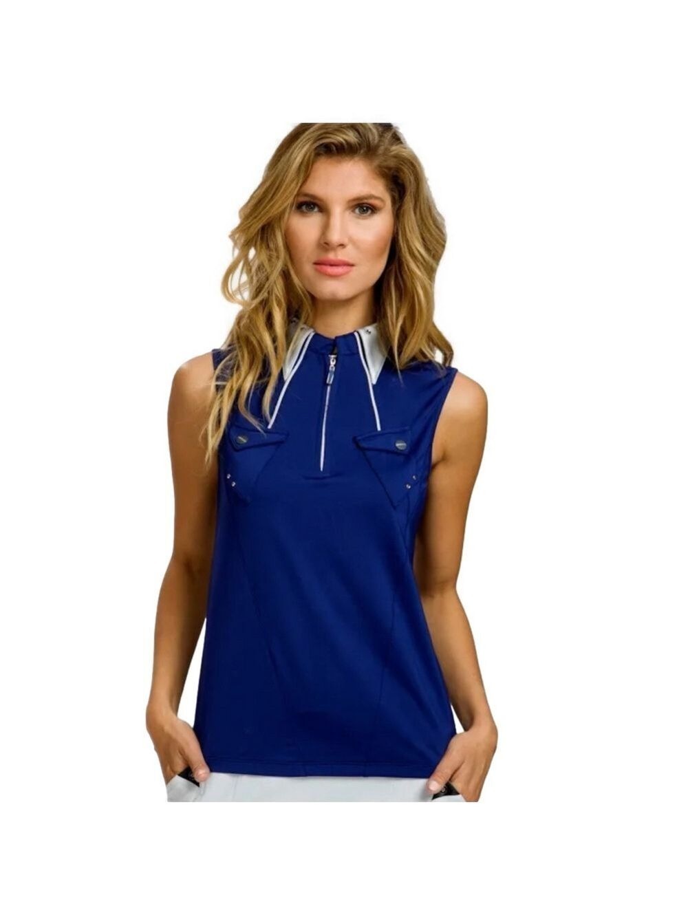 Jamie Sadock sleeveless golf top blue with gray trim and rivets size XS athletic